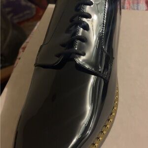 Jimmy Choo Black Patent Leather Lace-Up Oxfords with Gold Stud Trim